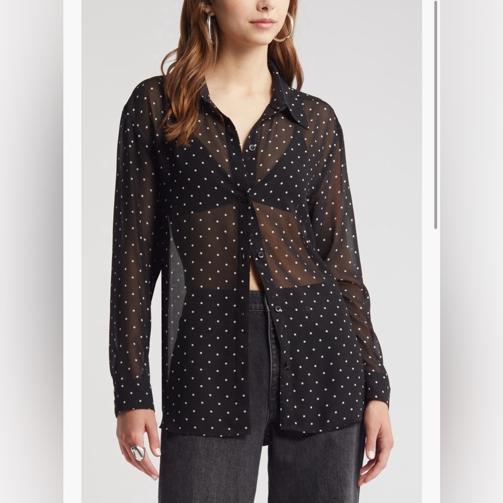 Nordstrom Open Edit Sheer Polka Dot Button Up
